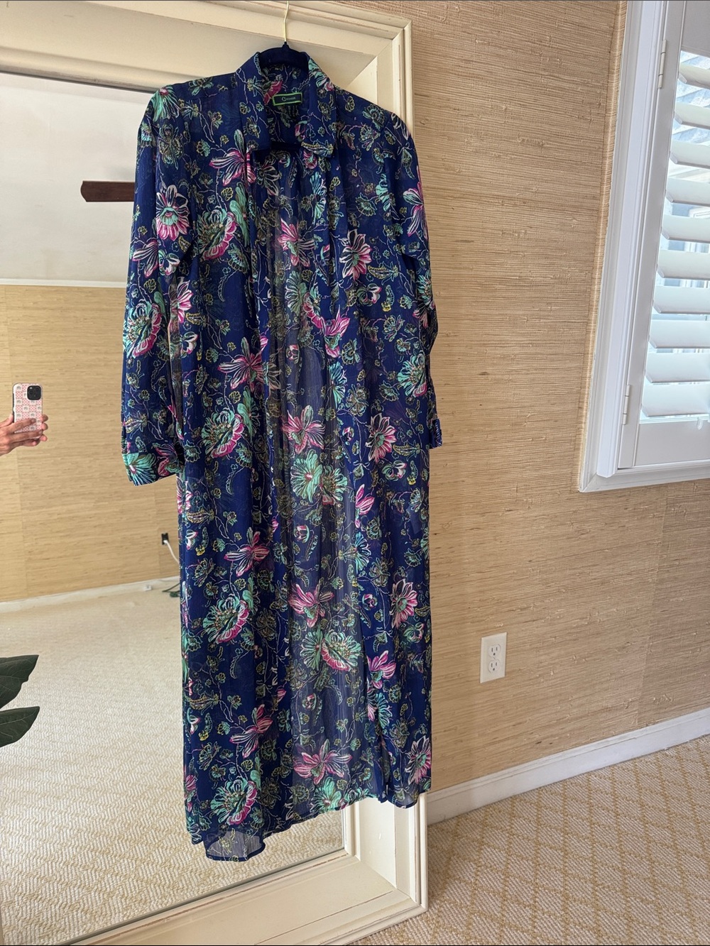 C Wonder Sheer Floral Duster Cardigan - Navy with Pink & Green Floral Print